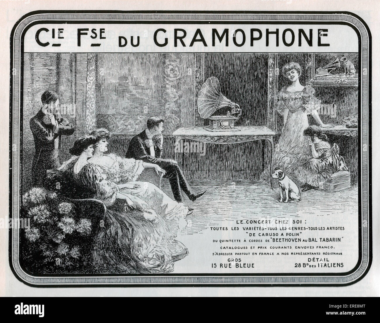1905 gramophone advert by the Compagnie Française du Gramophone. A group of elegant people listening to music, with a Stock Photo