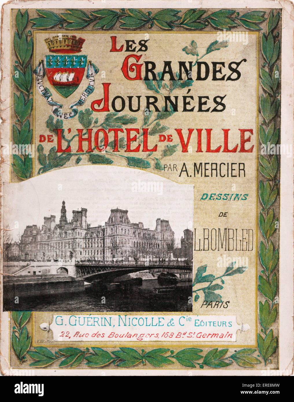 Hôtel de Ville publication, Paris, 1889. Cover of booklet about the history of the Paris Town Hall with a photograph of the Stock Photo