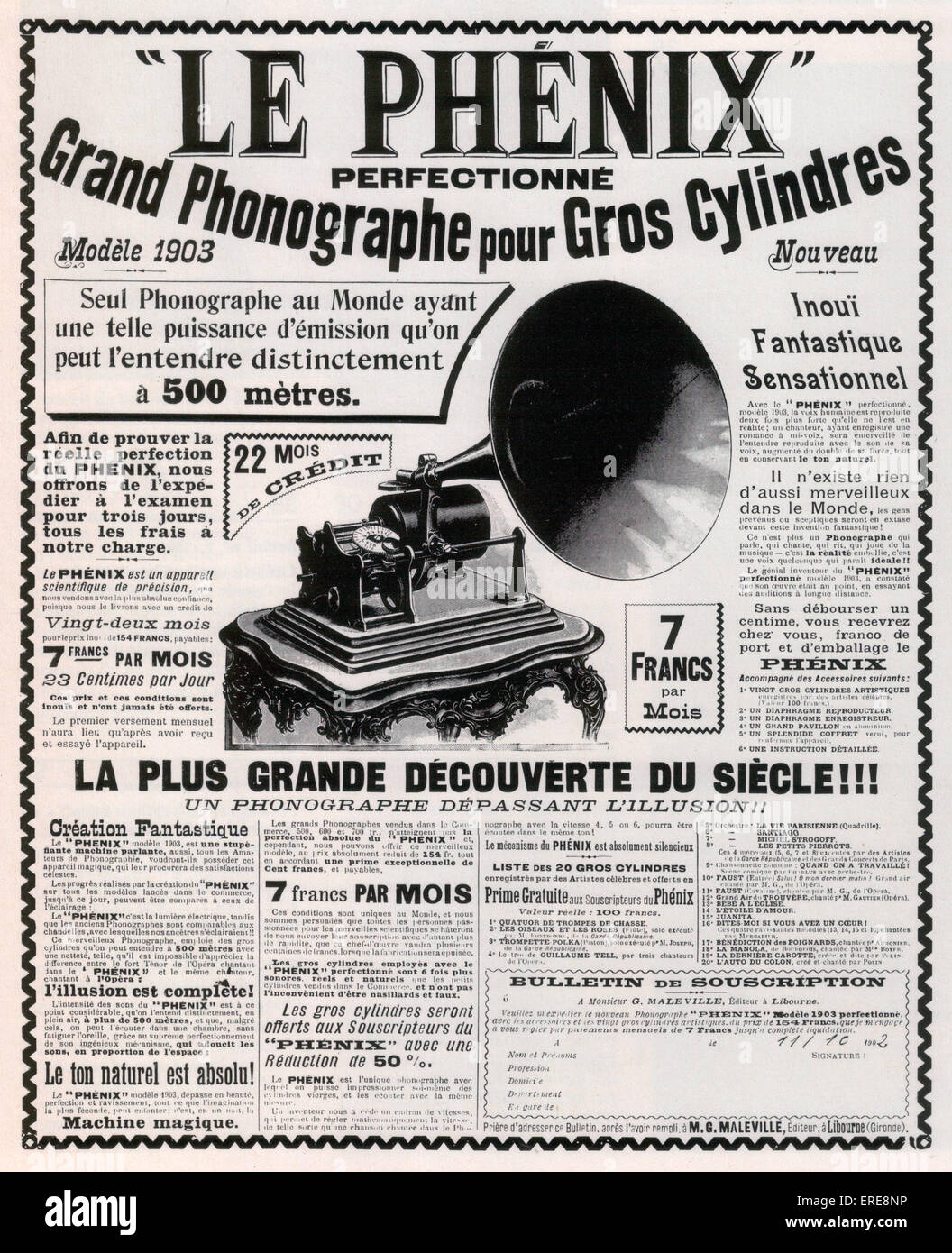 French phonograph advert, 1903, for Le Phénix , 'a large phonograph for large cylinders' Stock Photo