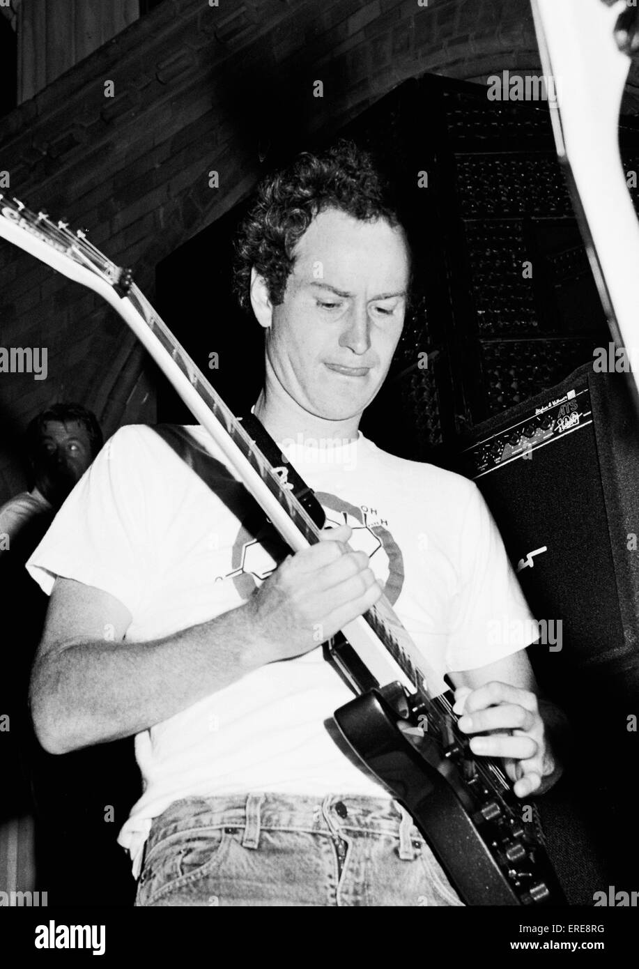 John McEnroe, American tennis star (b. 1959) playing electric guitar at a private gig at the Limelight clubs, London in 1991. Stock Photo