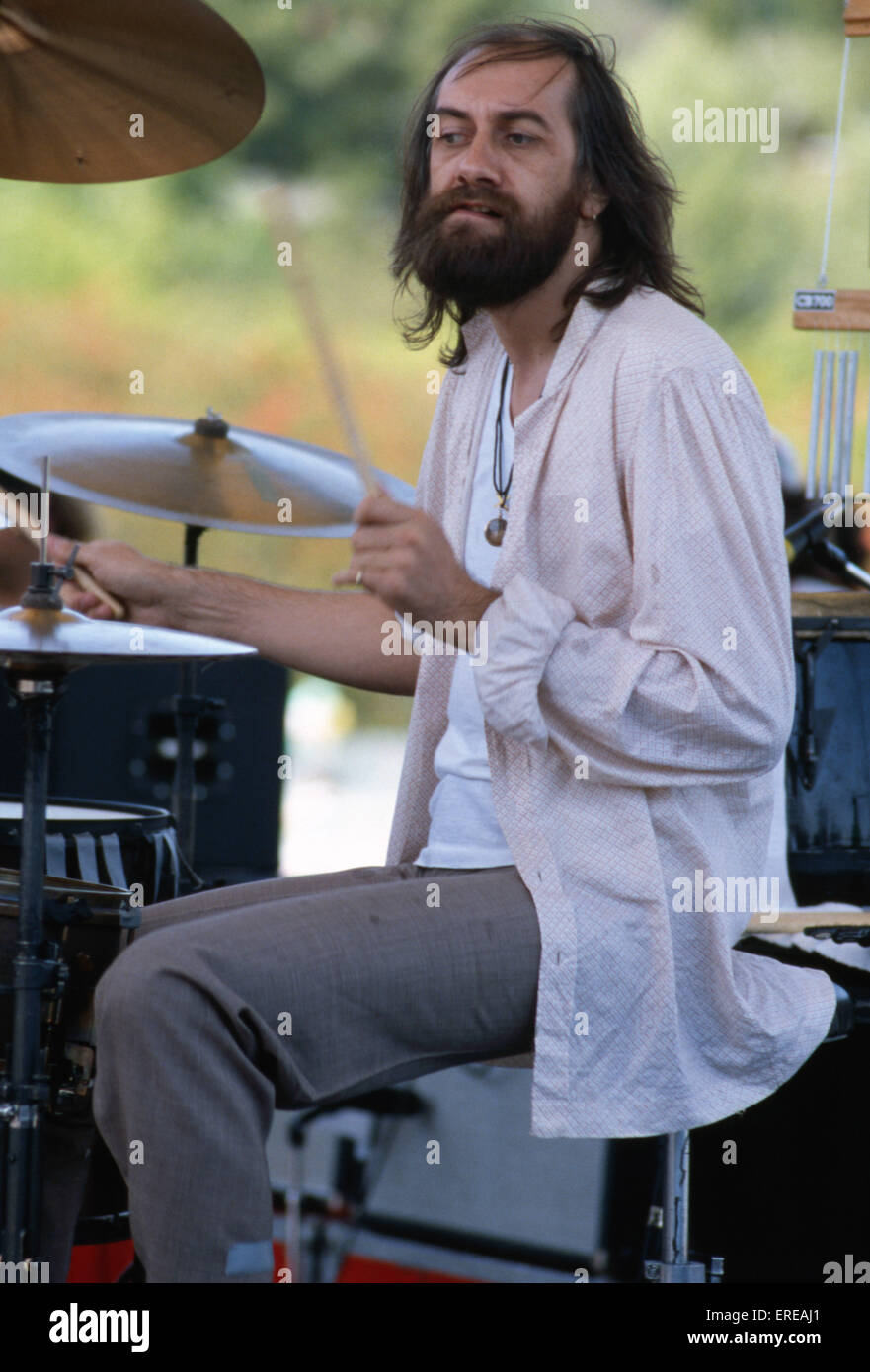 Mick Fleetwood performing on the drums, Los Angeles, USA. Side ...
