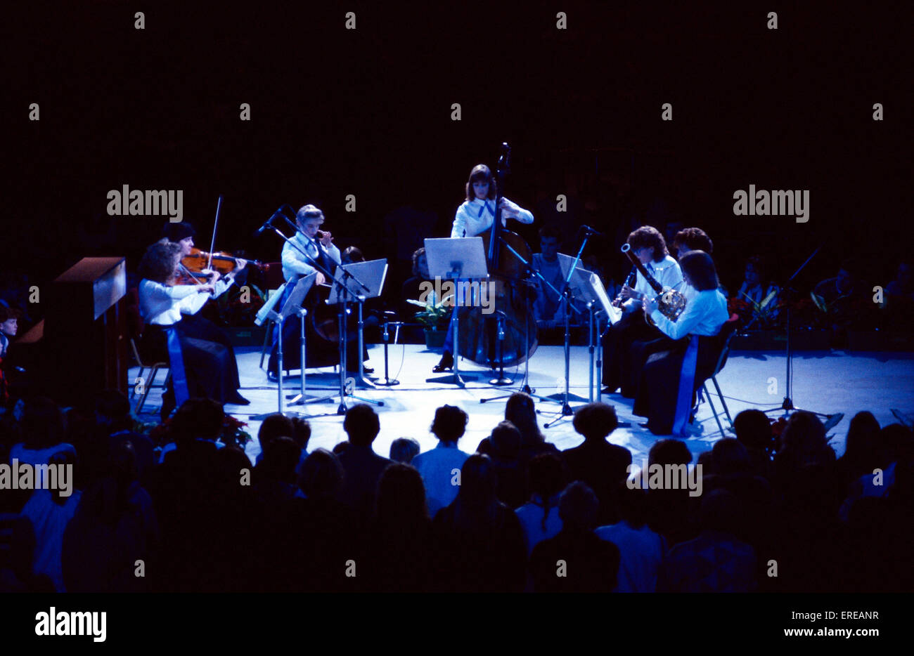 Chamber ensemble Wind and string octet: cello, violin, clarinet. Stock Photo