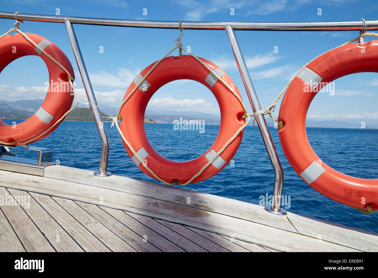 A lifebuoy safety ring on board a boat sailing out of Fethiye, Turkey. Stock Photo