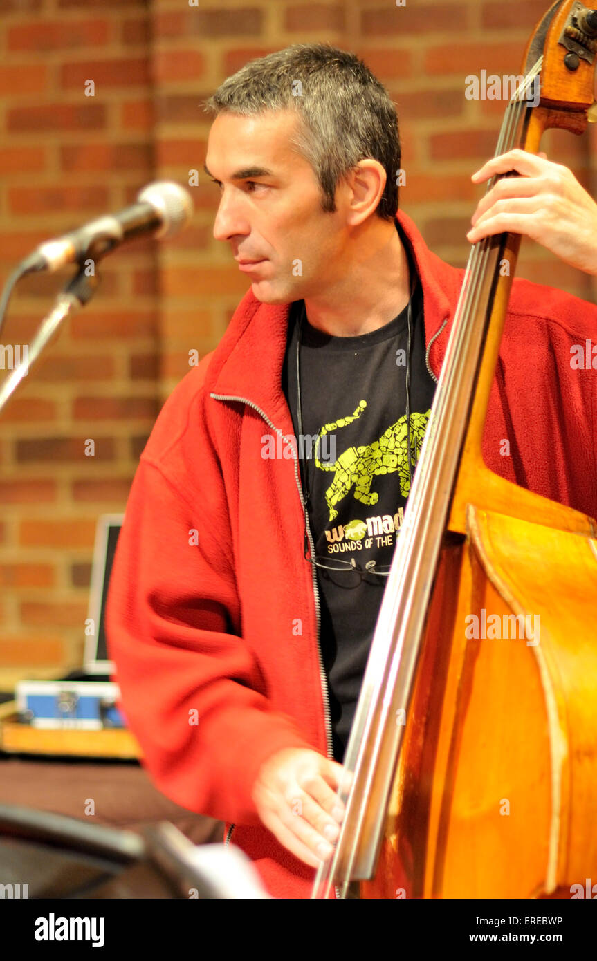 Davide Mantovani playing bass during the soundchecks with Mali Latino at the Turner Sims Concert Theatre in Southampton, Stock Photo