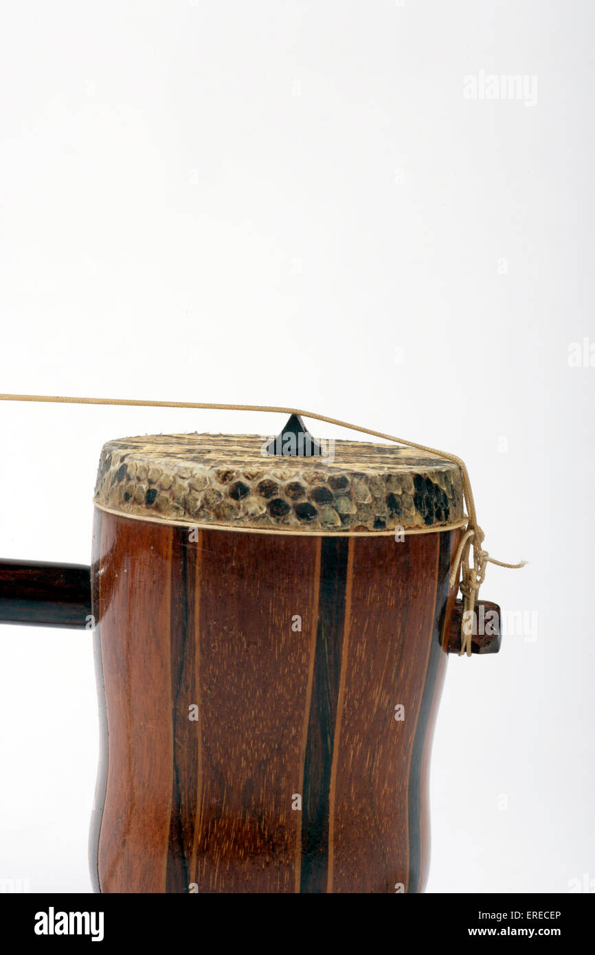 Erhu, detail of bridge, strings and resonating chamber. Stock Photo