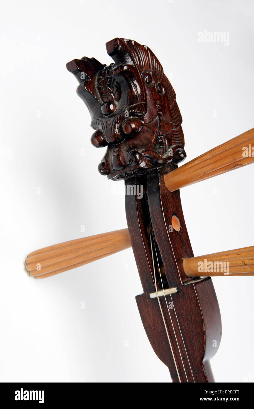 San Hsien or Sanxian, 3 stringed chinese lute. Dragons-head scroll and tuning pegs. Hsien Tse. Stock Photo