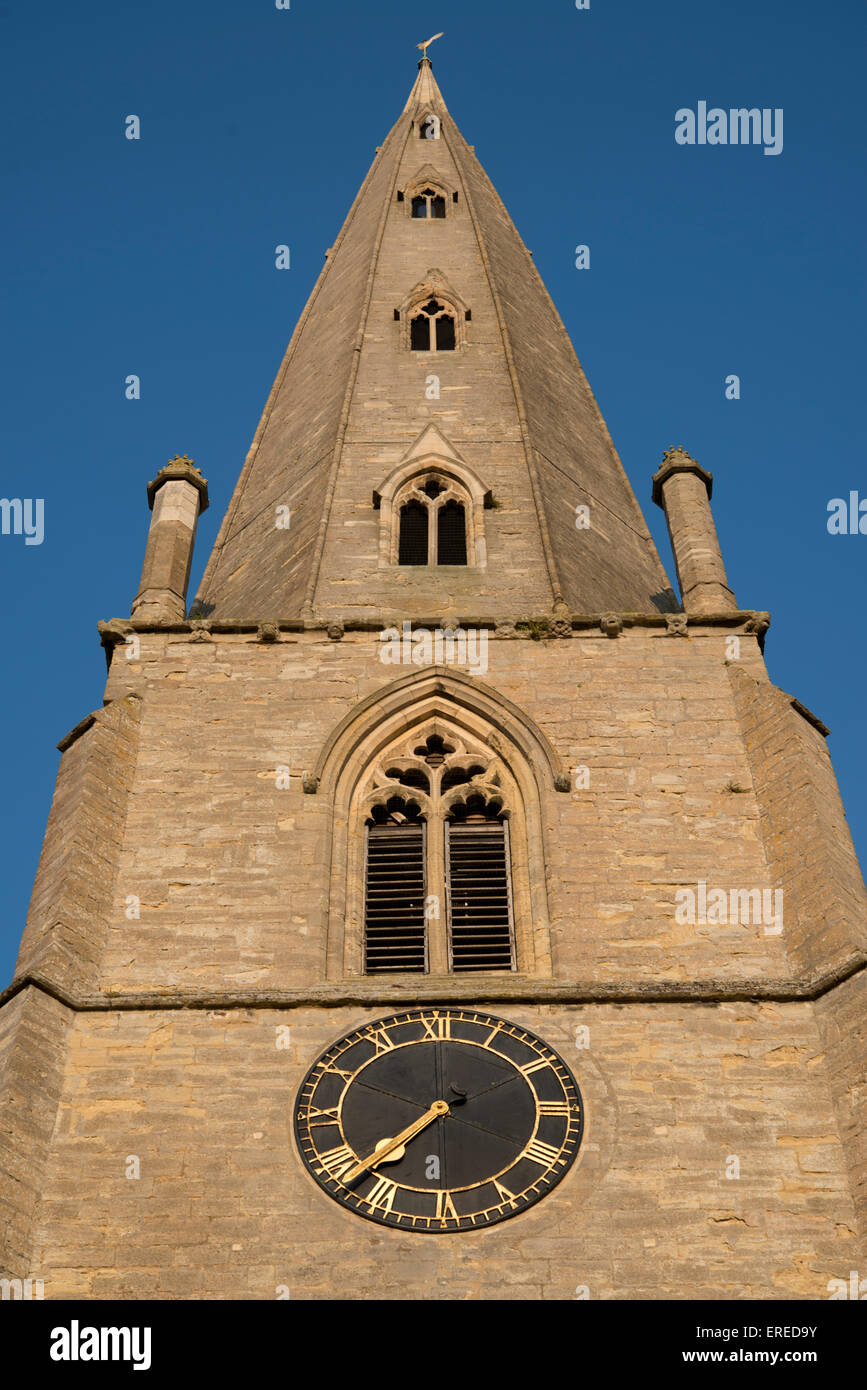 Parish church of St Peter & St Paul Olney Buckinghamshire showing clock belfry and spire Stock Photo