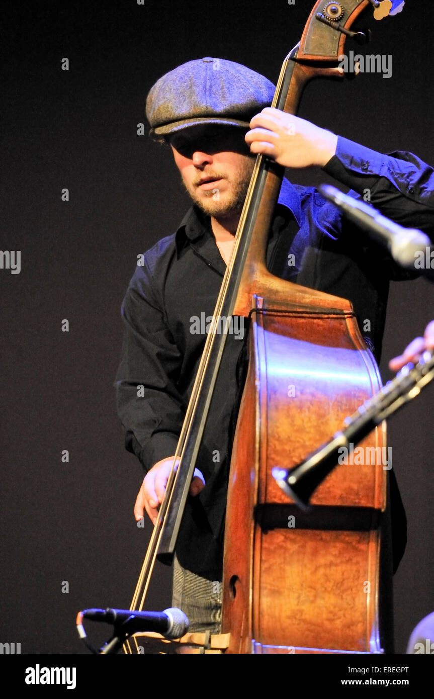 Sebastien Girardot playing bass with the Evan Christopher Quartet at the Salisbury International Arts Festival, 27 May 2009. Stock Photo