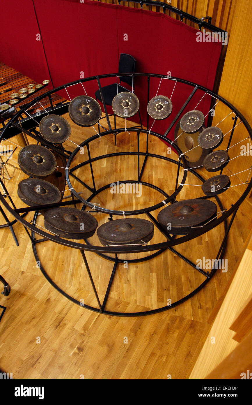 Gongspiel or gong chime. Tuned chromatic gongs suspended in a circle on