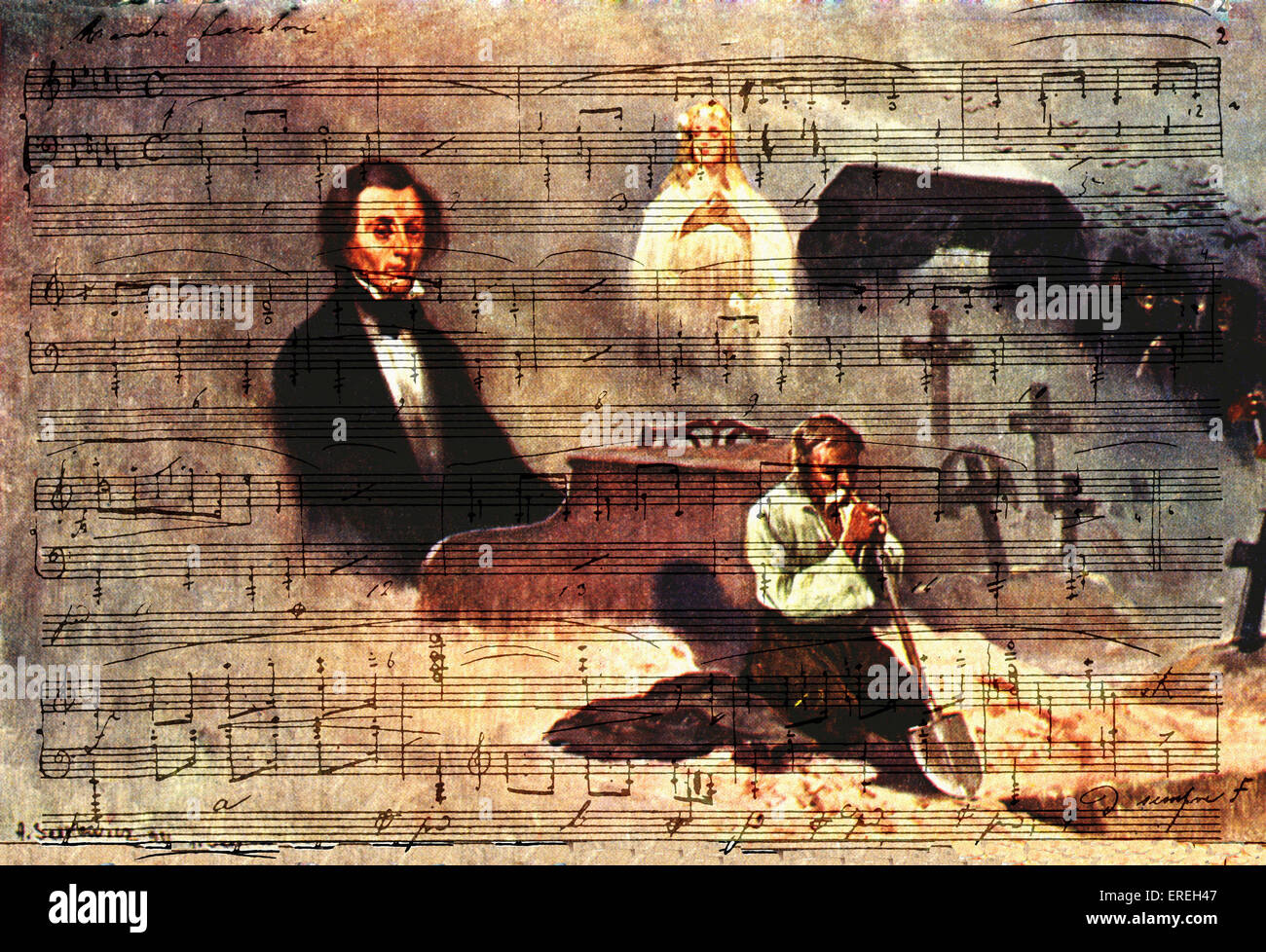 Chopin, funeral and funeral march. Collage of score, gravedigger. Polish composer, 1 March 1810 - 17 October 1849 Stock Photo