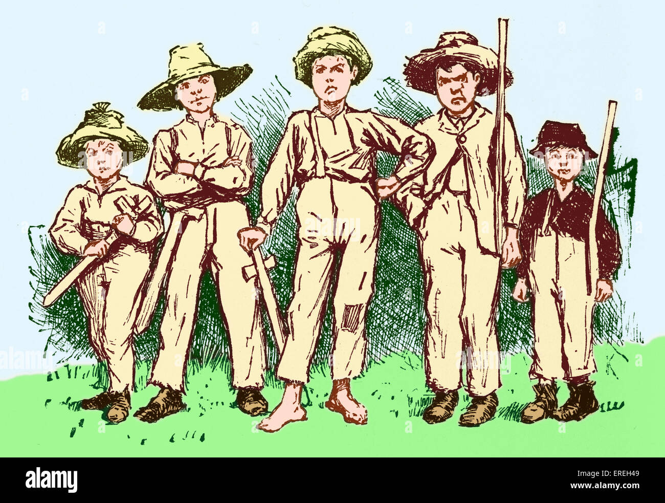 Tom Sawyer and his band of robbers - protagonists of Mark Twain's novel 'The Adventures of Huckleberry Finn' (Tom Sawyer's Stock Photo