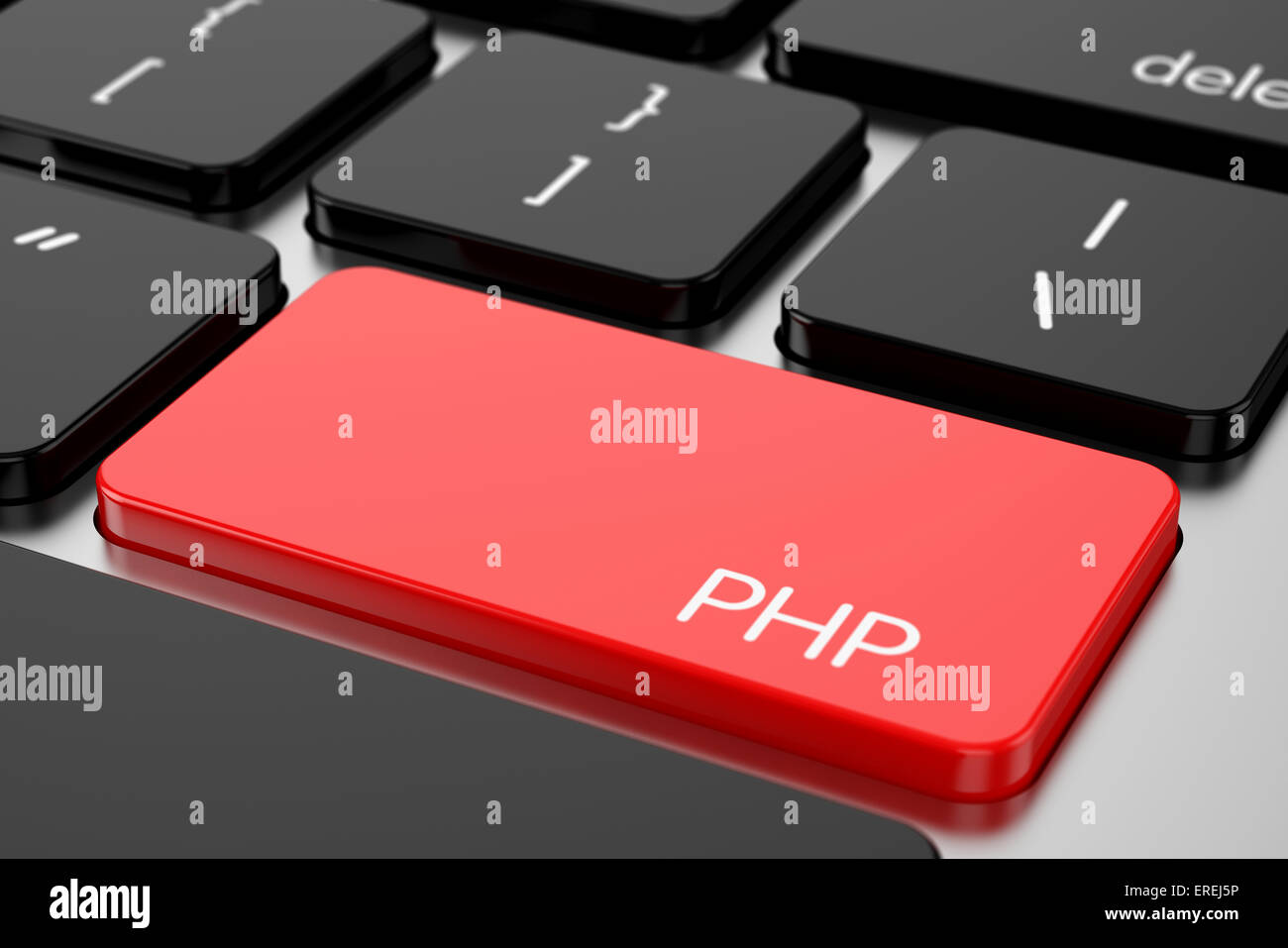 3d renderion of computer programming coding keyboard concept. Red Enter button with machine code language PHP Stock Photo