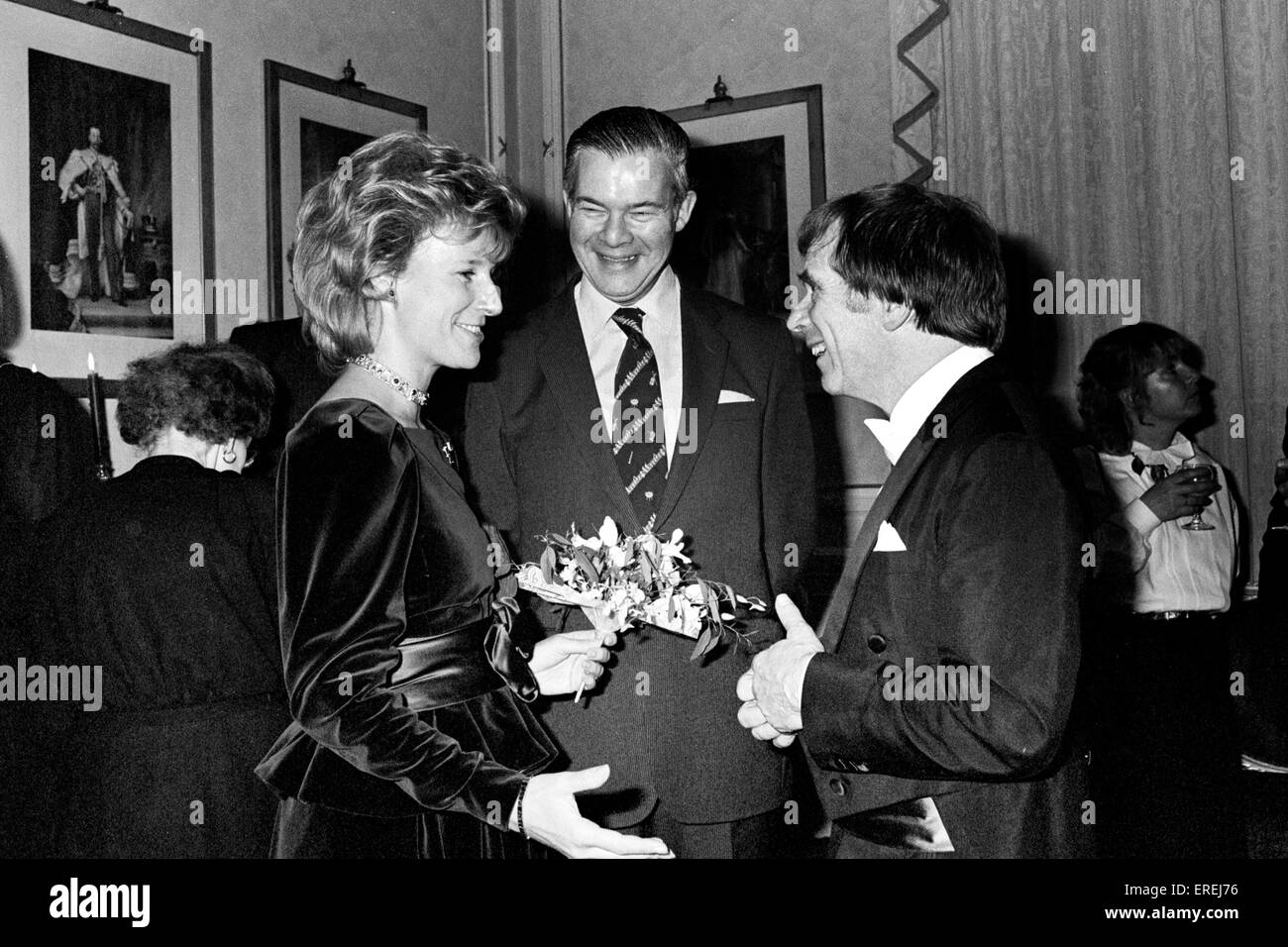 Antony Hopkins CBE, (right) being presented to the Duchess of Gloucester at the Royal Albert Hall, London, 1984. Wearing a Union Jack hat. AH: English composer, conductor, pianist and radio broadcaster, b. 21 March 1922 Stock Photo