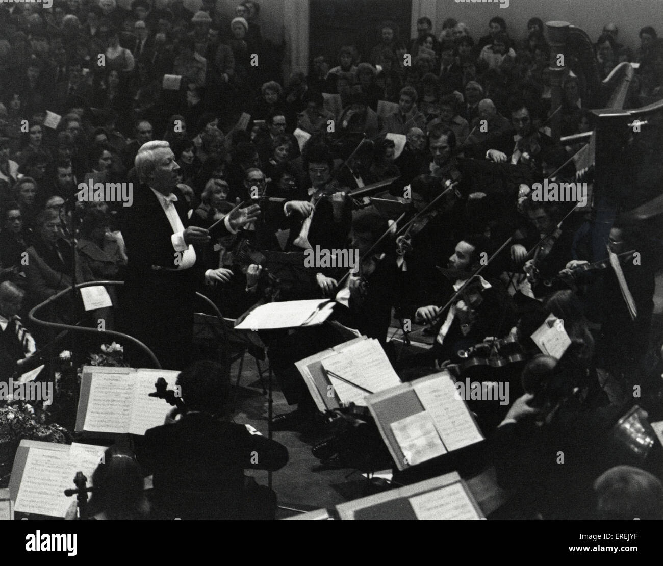 Edward Heath conducting orchestra with baton in 1977. English Prime Minister in Tory government Stock Photo