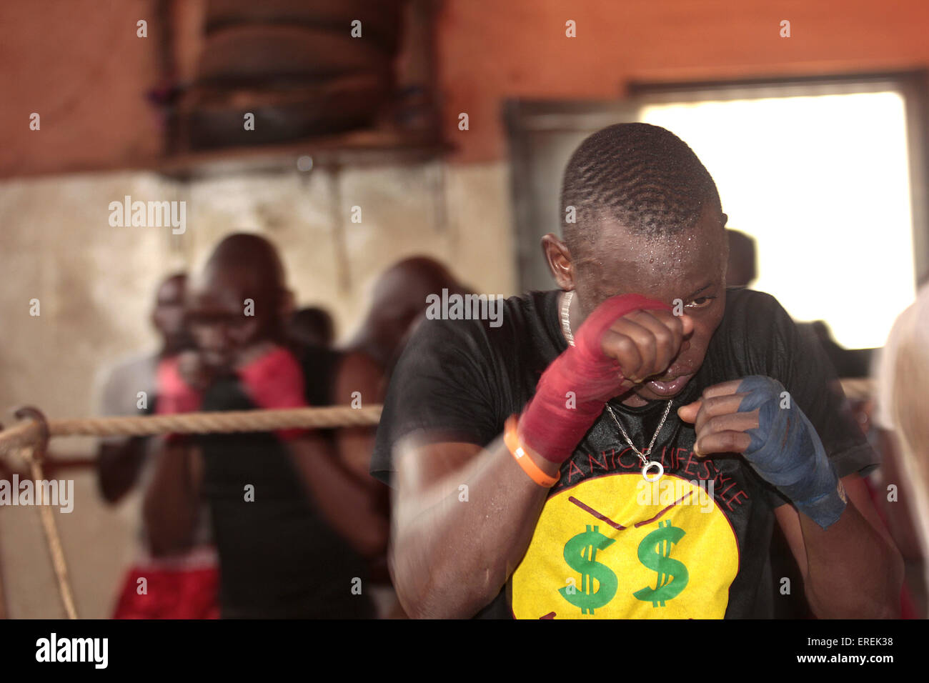 Kampala, Uganda. 2nd June, 2015. Ugandan boxers working out at the