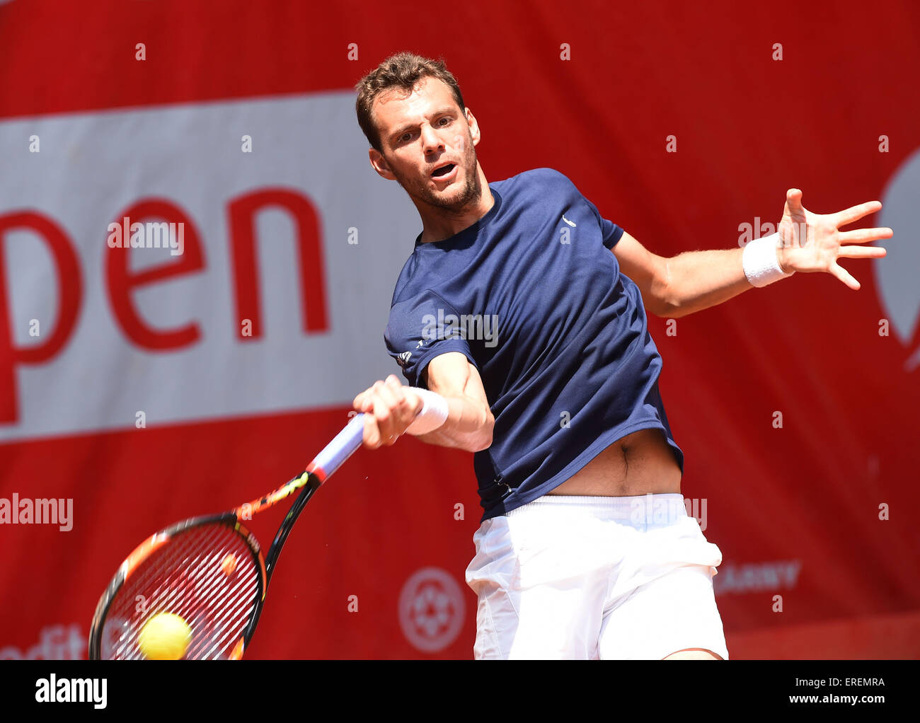 Prostejov, Czech Republic. 2nd June, 2015. French Paul-Henri Mathieu plays against Czech tennis player Radek Stepanek during the UniCredit Czech Open challenger men's tournament in Prostejov, Czech Republic, June 2, 2015. Credit:  Ludek Perina/CTK Photo/Alamy Live News Stock Photo