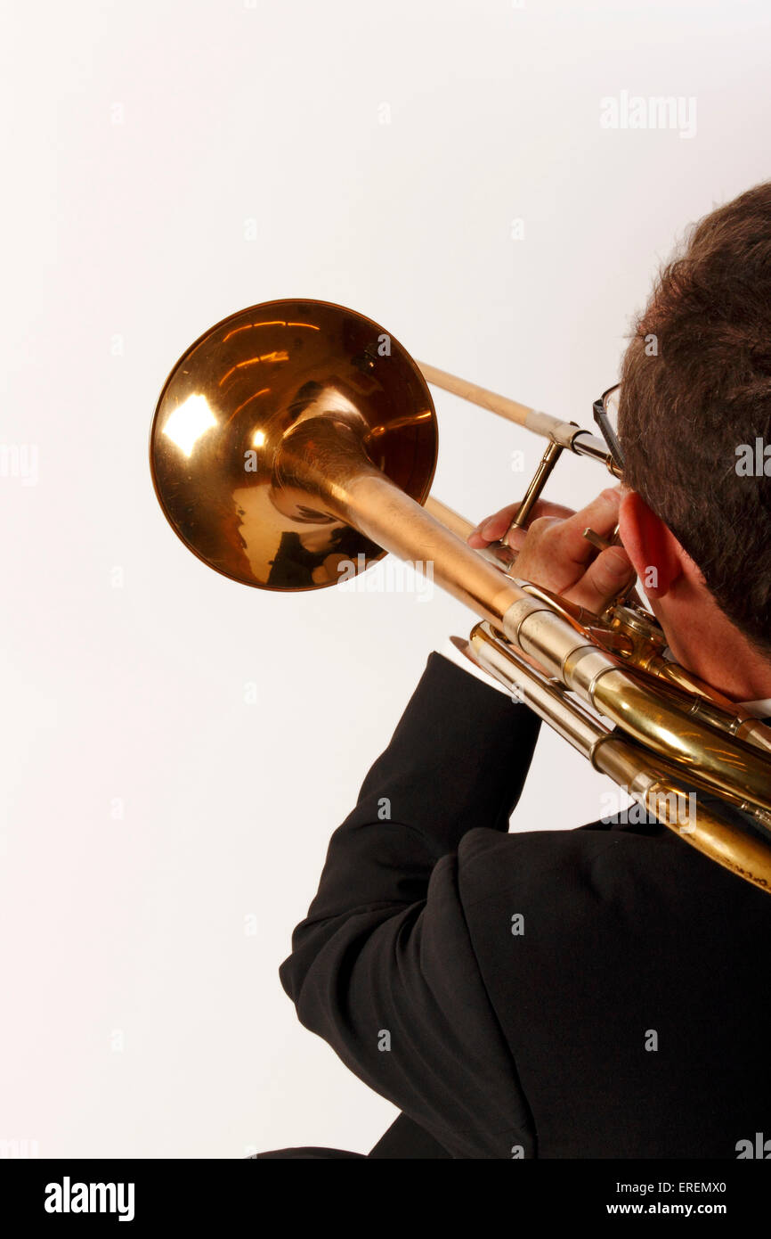 Tenor Trombone player in playing position Stock Photo Alamy