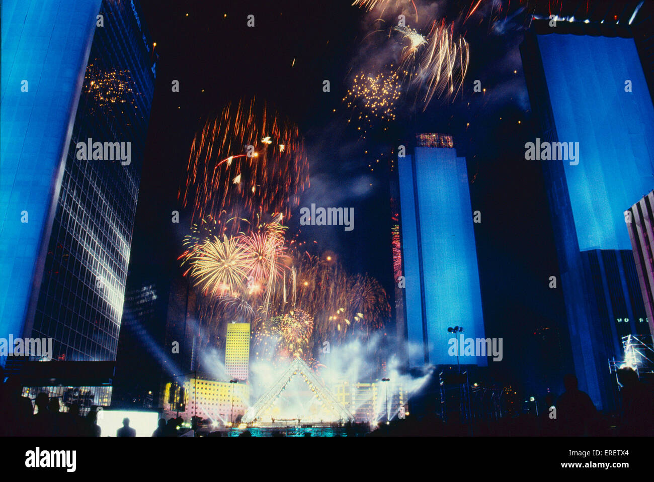 Spectacular concert given by French musician Jean-Michel Jarre at La  Défense, Paris. Bastille Day, 14 July 1990 Stock Photo - Alamy