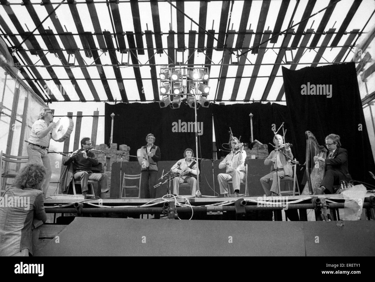 Irish band The Chieftains performing at the July Wakes folk festival in Chorley, Lancashire, on 25 July 1976. Stock Photo