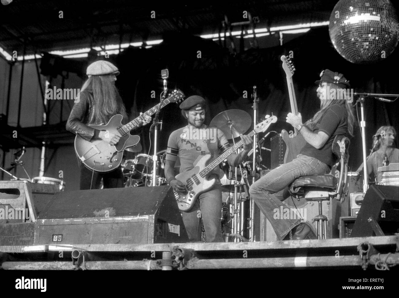 American rock band The Doobie Brothers performing at the Reading rock festival, England, in August 1977. Stock Photo