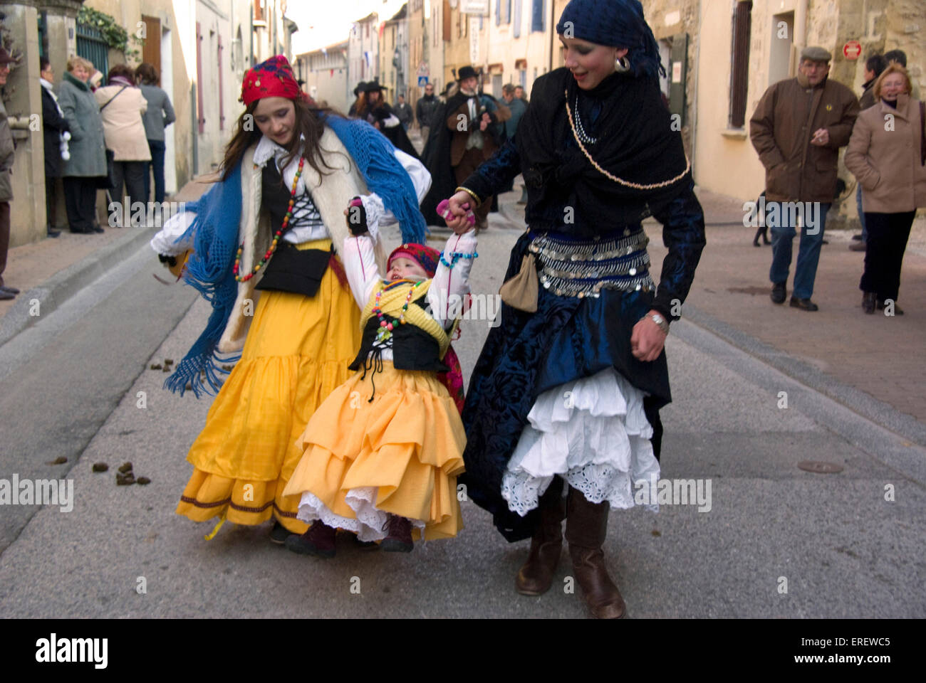 Girls in gypsy costumes taking part in a Valentine's Day parade in the