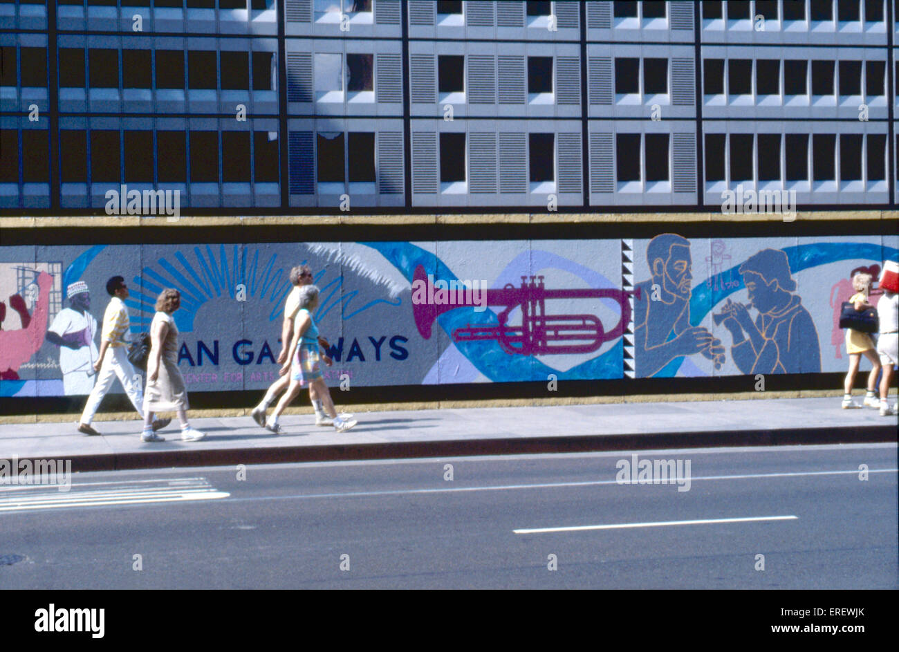 Small mural with trumpet and musicians  in a street in Chicago, USA. Stock Photo