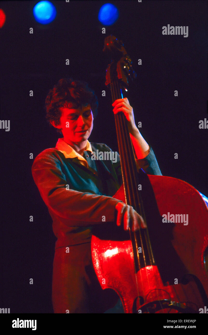 Female double-bass player  performing at the 1998 Calvi Jazz Festival, Corsica, France. Stock Photo