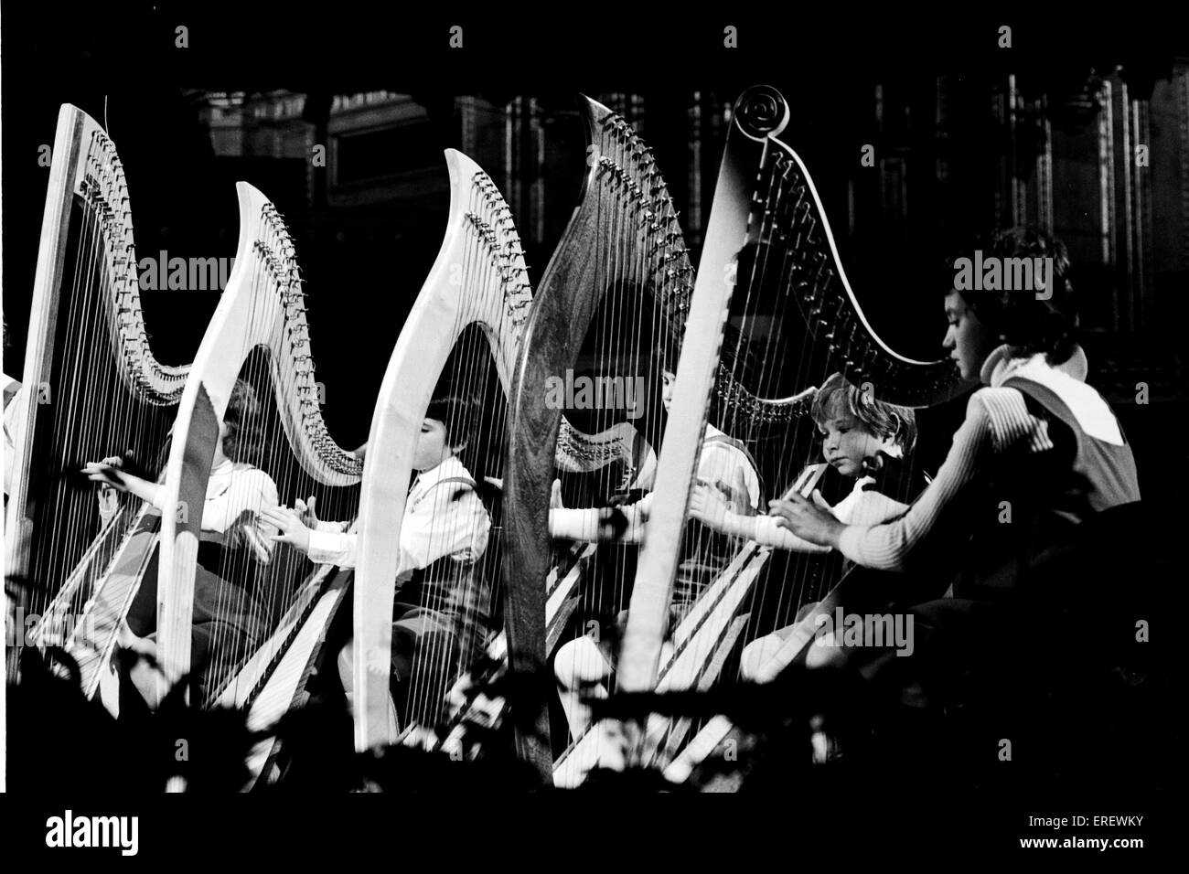 Graphic image of five harps played by young girls during one of the Schools Prom concerts at the Royal Albert Hall, London. Stock Photo