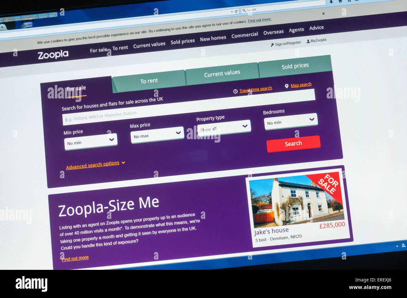 The home page of the Zoopla estate agency website. Stock Photo