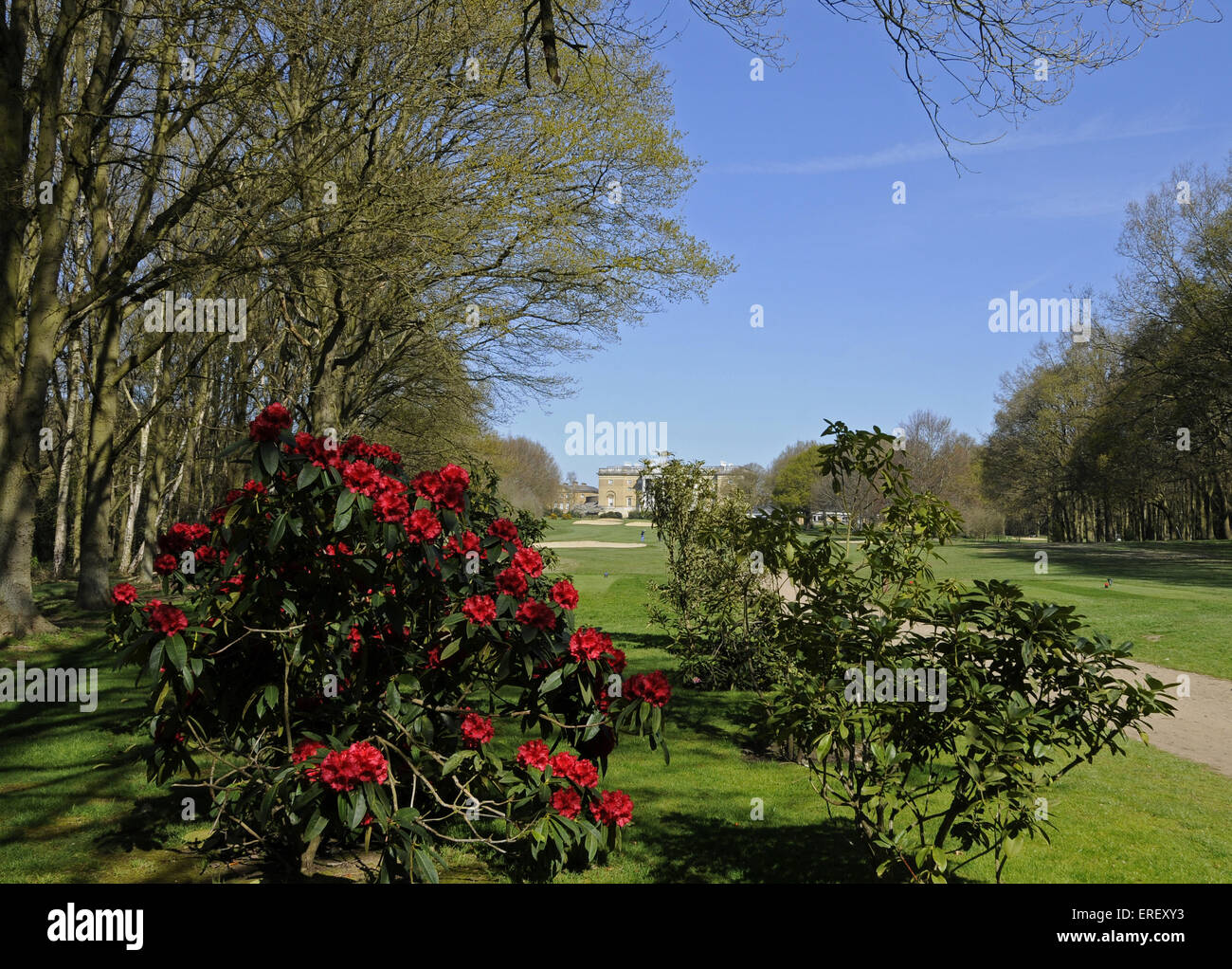 View from 18th Tee with Red Flowers in foreground to Fairway with