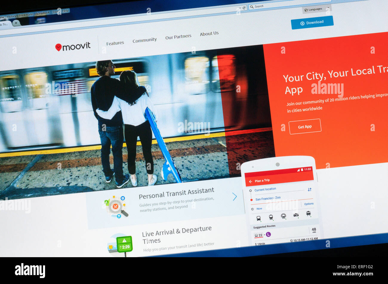 The home page of the Moovit journey planning app. Stock Photo