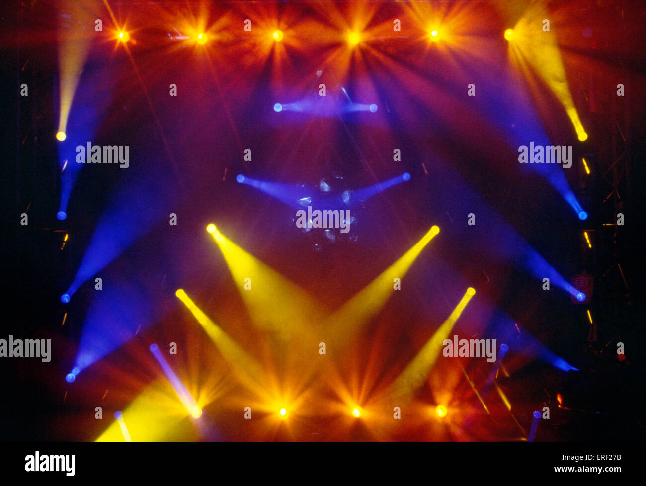 Blue and yellow stage lights demonstration at the annual Frankfurt Music Fair, Germany Stock
