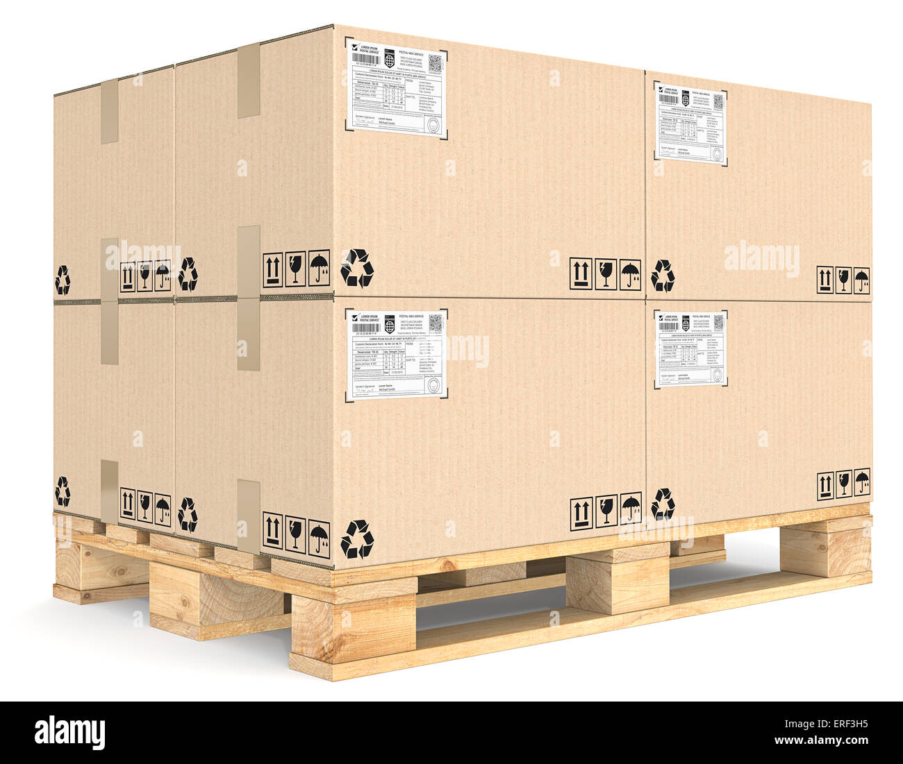 Eur Pallet with pile of brown cardboard boxes. Detailed Shipping labels. Stock Photo