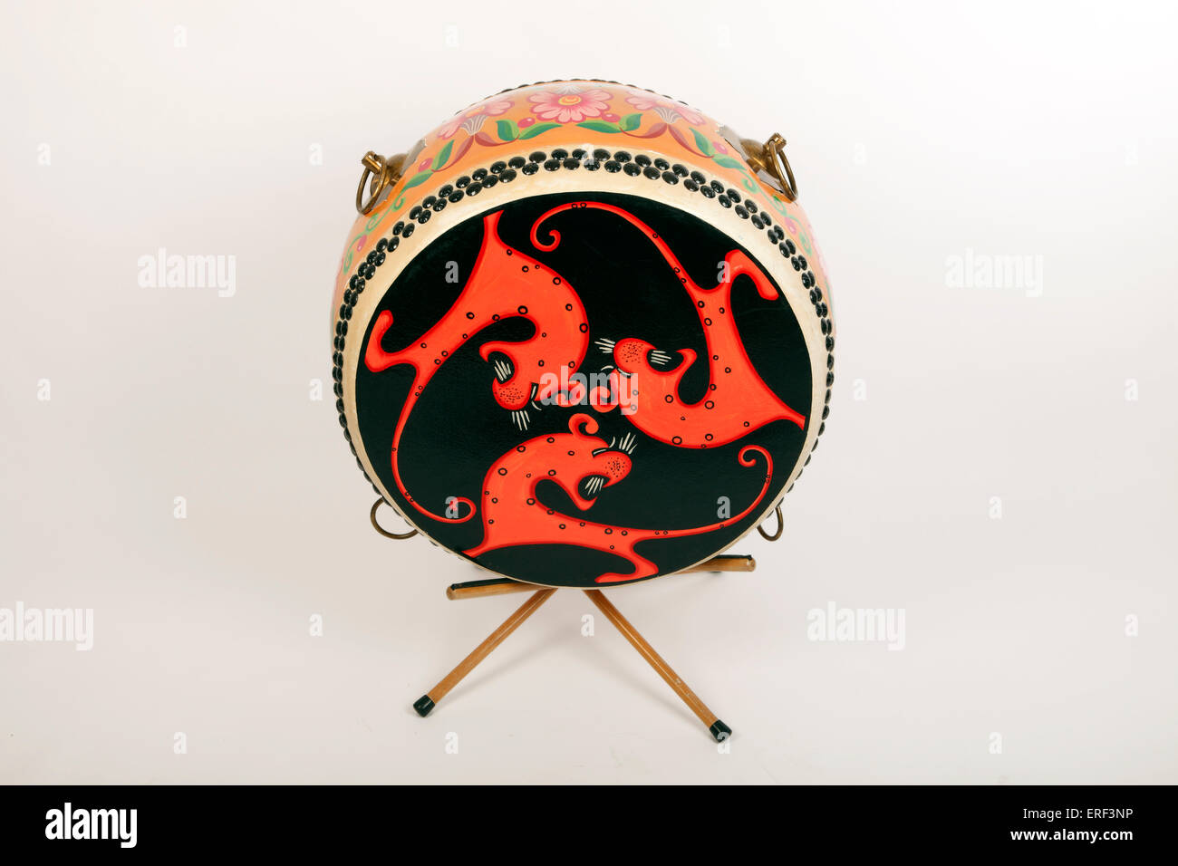 Ku or Gu, Chinese Double-headed Barrel-shaped wooden drum. Struck with ...