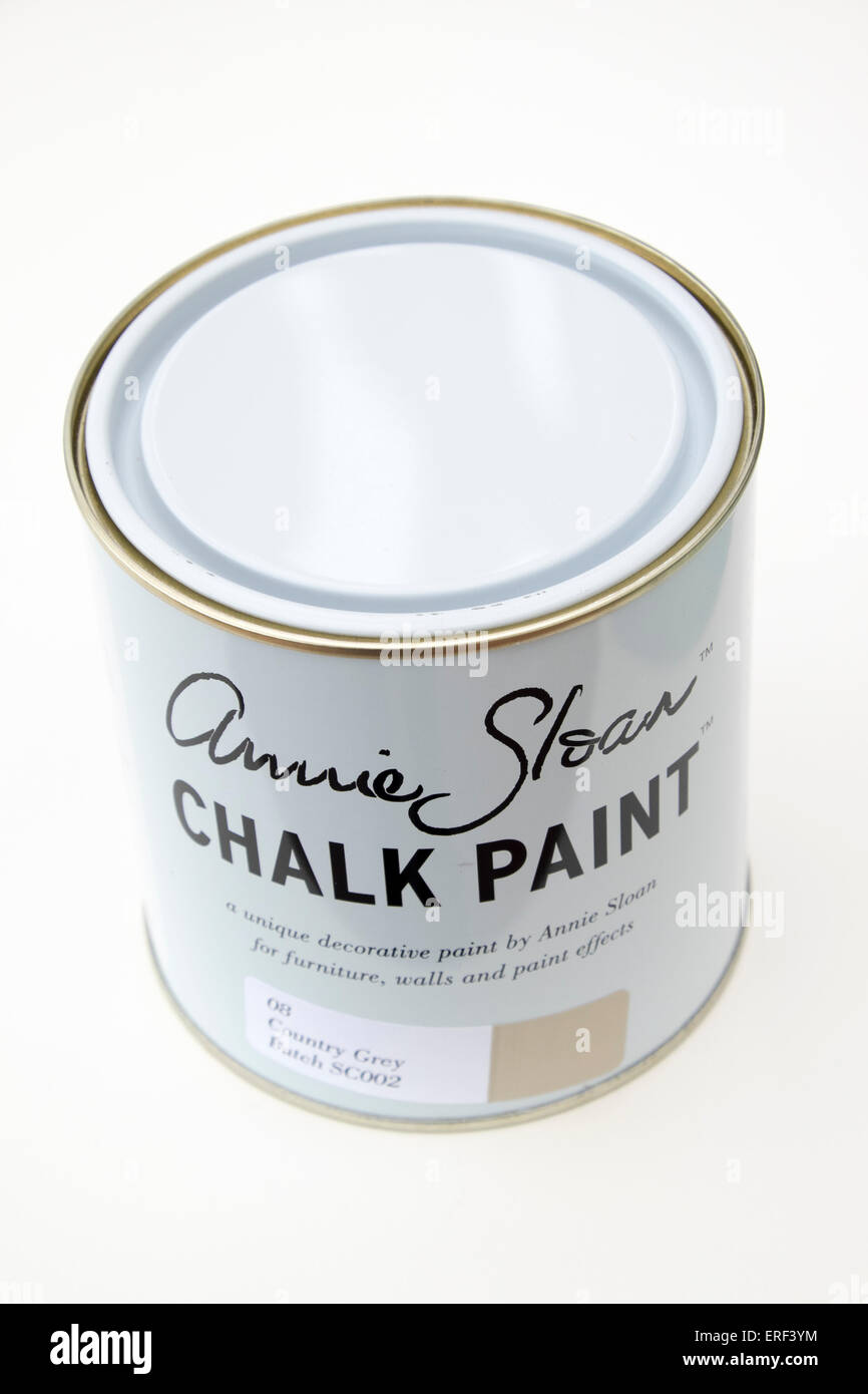 Unopened tin of Annie Sloan Chalk Paint used for creative paint effects on wooden furniture Stock Photo