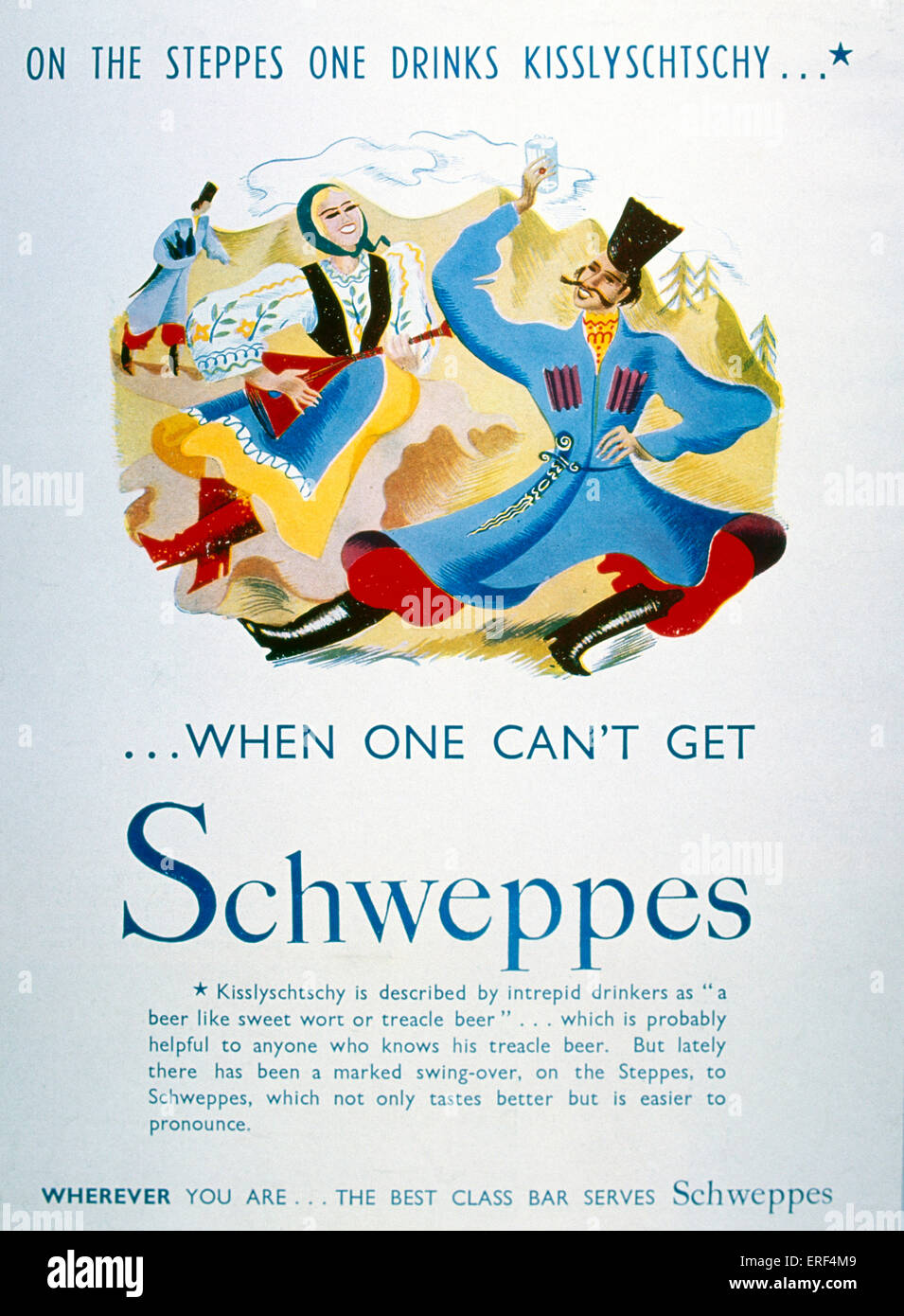Russian cossack dancers in Schweppes advertisement. Woman playing BALALAIKA Stock Photo