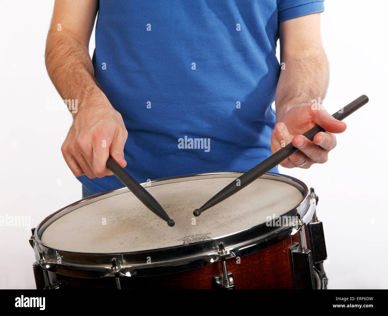 Snare drum technique, orthodox or standard grip. Stock Photo