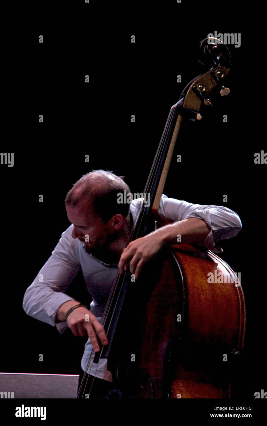 French double bass player Sylvain Romano (b. 26/03/1980, Marseille) performing with the Stéphane Belmondo Quartet in Alès, Stock Photo