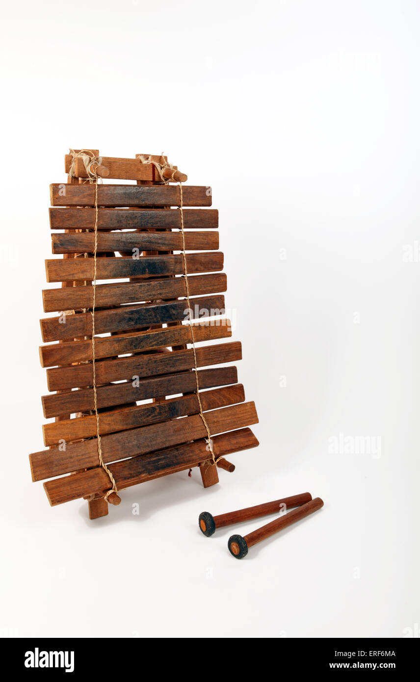 An African Marimba, Balafon or Balafo, with gourd resonators.. An ...