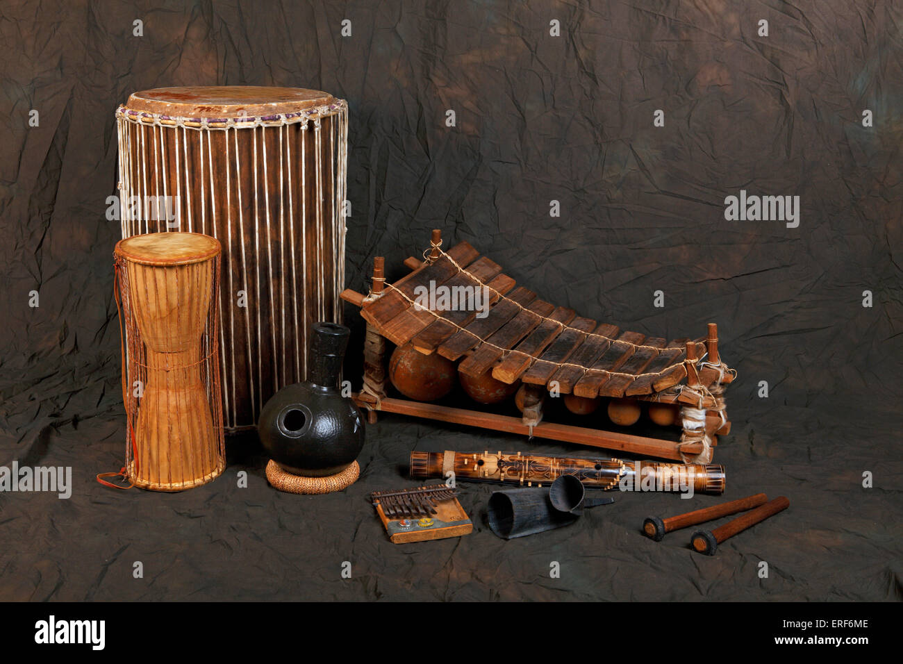 A collection of African musical instrument. Back row left to right