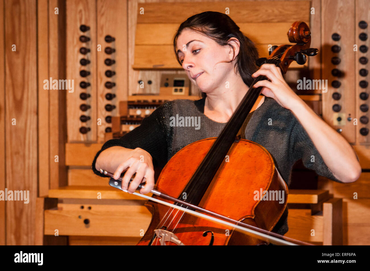 Natalie Clein playing cello during rehearsals at the Turner Sims Concert Hall in Southampton, Hampshire, England Stock Photo