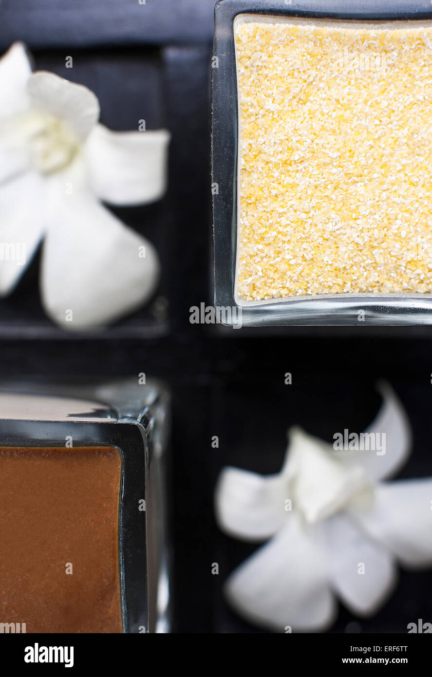A tray of body scrubs displayed at IN-DI-GO Spa, Phuket, Thailand. Stock Photo