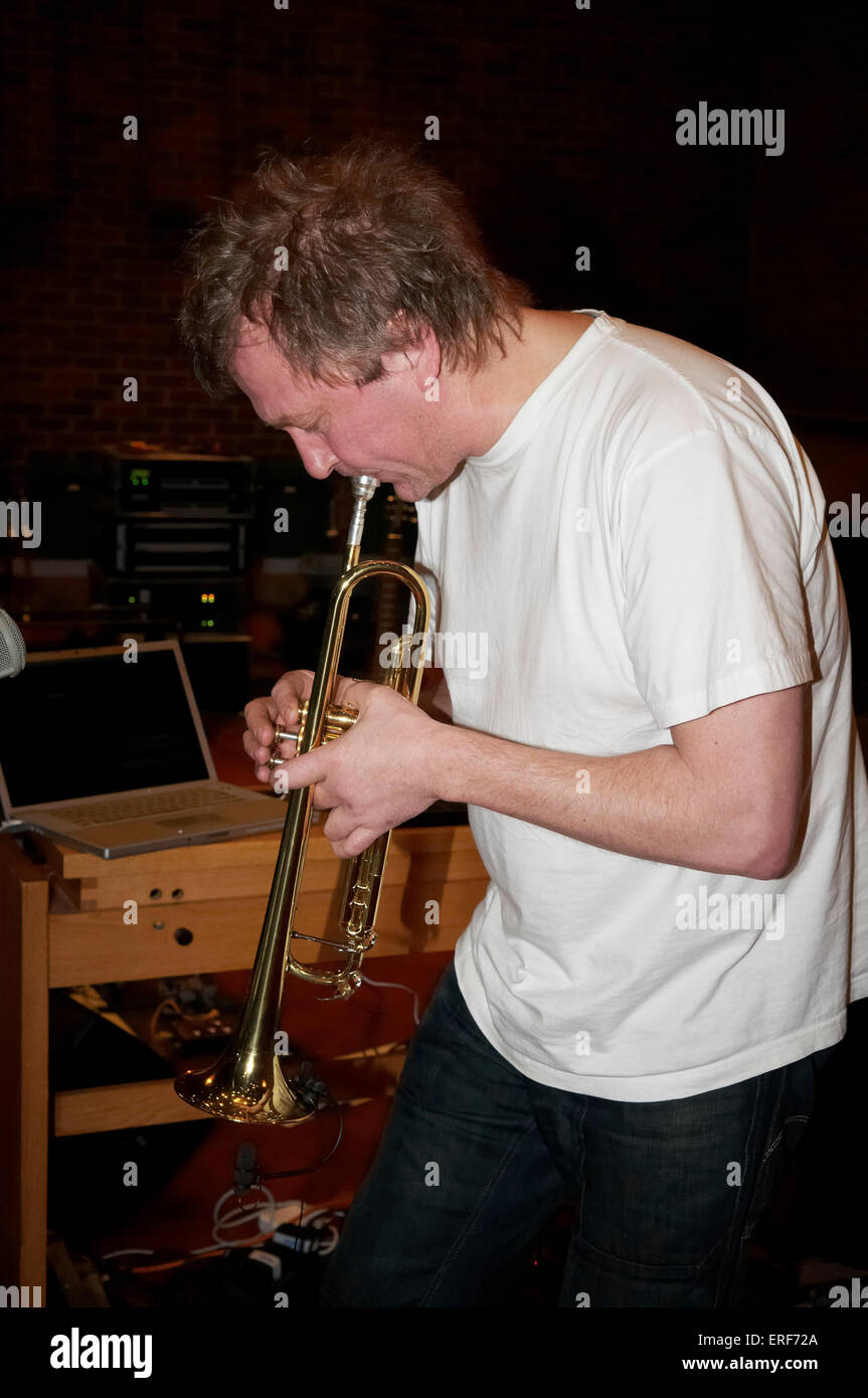 Nils Petter Molvaer playing trumpet during his soundchecks at the Turner Sims Concert Hall in Southampton, Hampshire, England Stock Photo