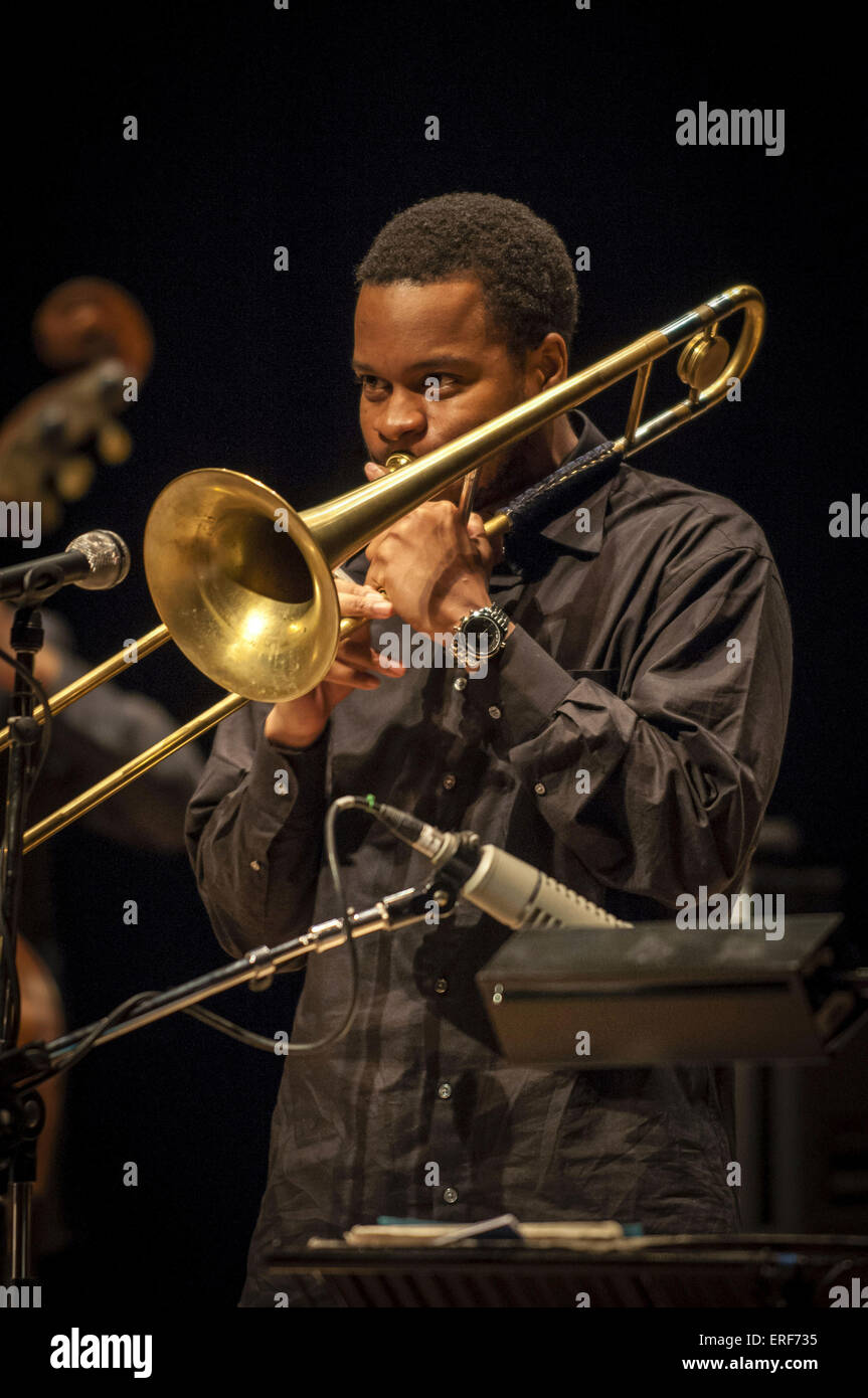 Andrae Murchison, the American trombone player, performing with Abdullah  Ibrahim at the Anvil Theatre in Basingstoke, Hampshire, England Stock Photo  - Alamy