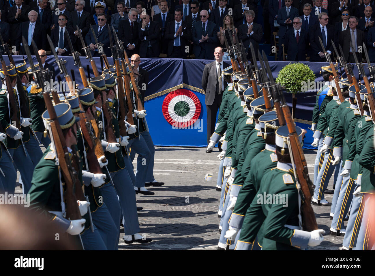 Rome, Italy. 2nd June, 2015. Military parade and flypast for the 69th Anniversary of the Italian Republic, Foro Imperiali. Financial Guard march past the podium. Rome, Italy. 6/2/15 Credit:  Stephen Bisgrove/Alamy Live News Stock Photo