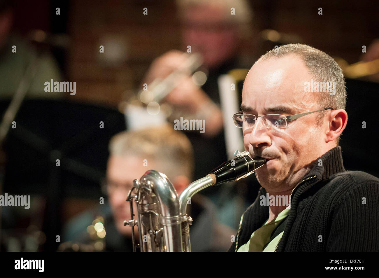 Julian Argüelles playing baritone sax at the Turner Sims Concert Hall