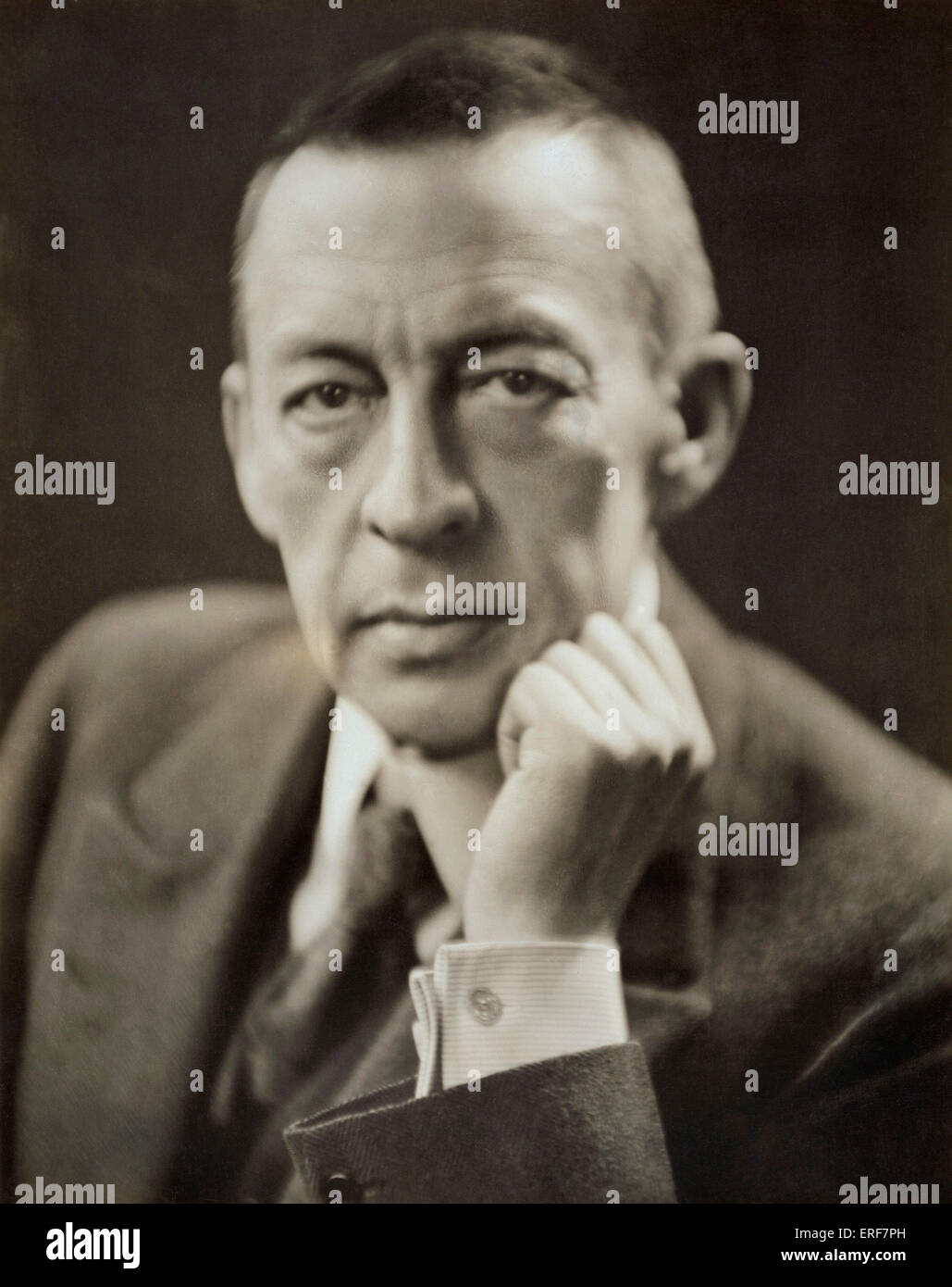 Sergei Rachmaninov - portrait  with inscription 'To Sir Henry Wood with my sincere appreciation, Rachmaninov, March 27, 1936'. Stock Photo