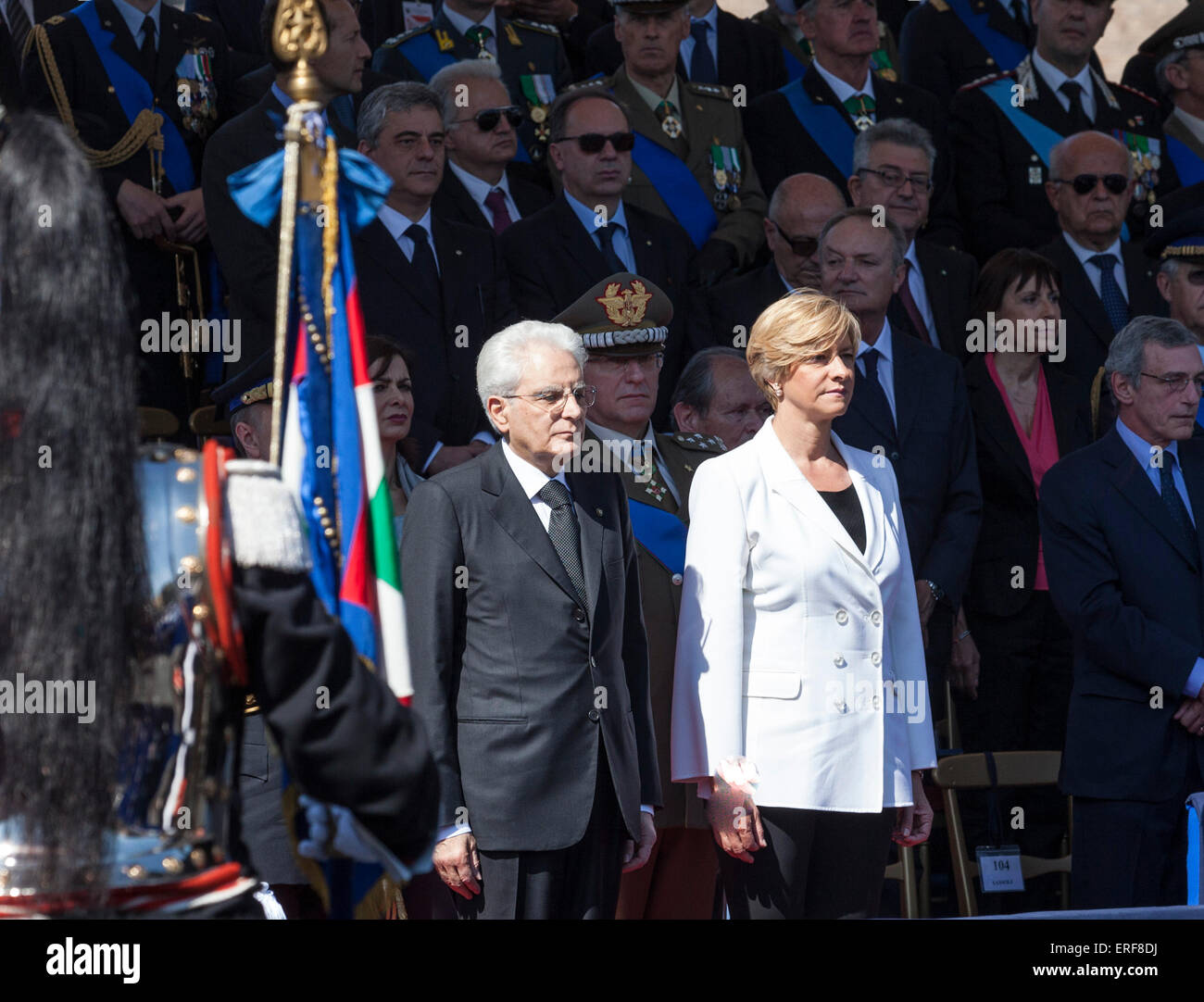 Rome, Italy. 2nd June, 2015. Military parade and flypast for the 69th Anniversary of the Italian Republic, Foro Imperiali, President of the Republic Sergio Mattarella and Defense Minister Roberta Pinotti.Rome, Italy. 6/2/15 Credit:  Stephen Bisgrove/Alamy Live News Stock Photo