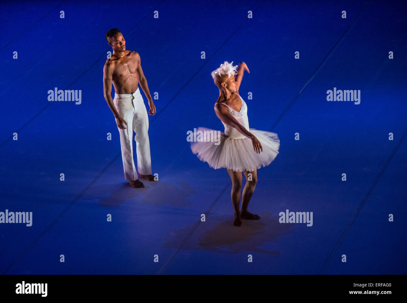 South African dancer Dada Masilo and male partner in her unusual version of Swan Lake. Stock Photo