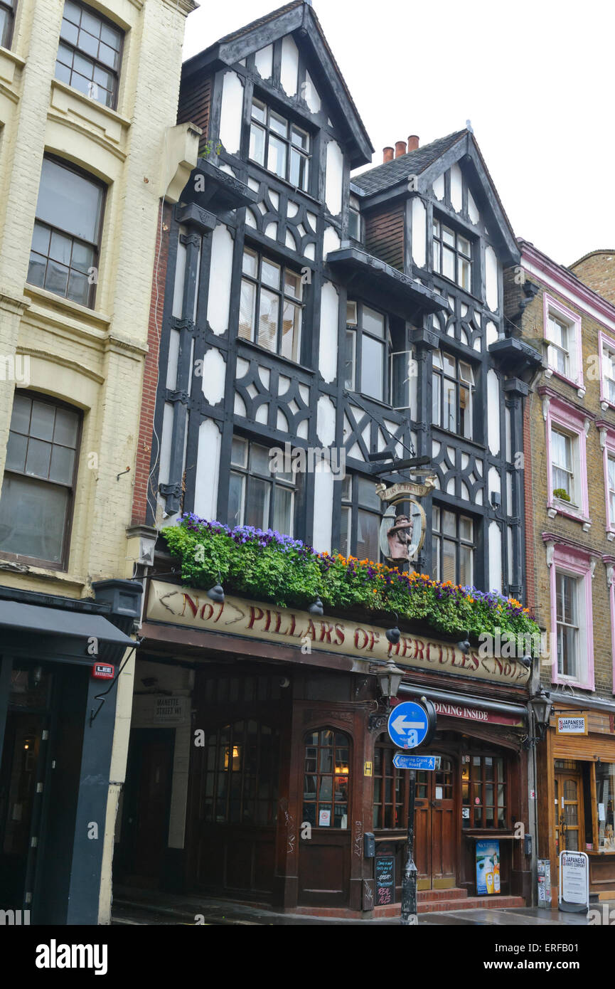 The exterior of the famous Pillars of Hercules pub with black and white